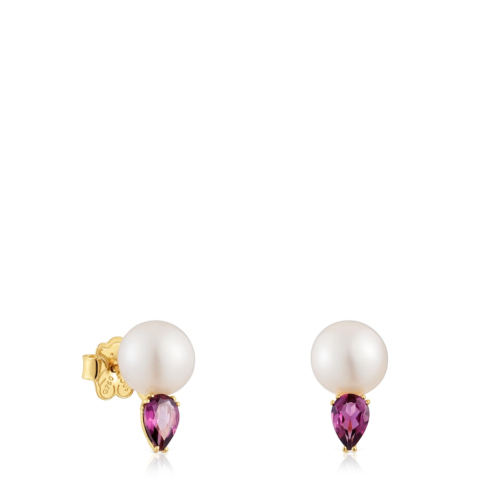 Gold Earrings with rhodolites and cultured pearl Ivette | TOUS